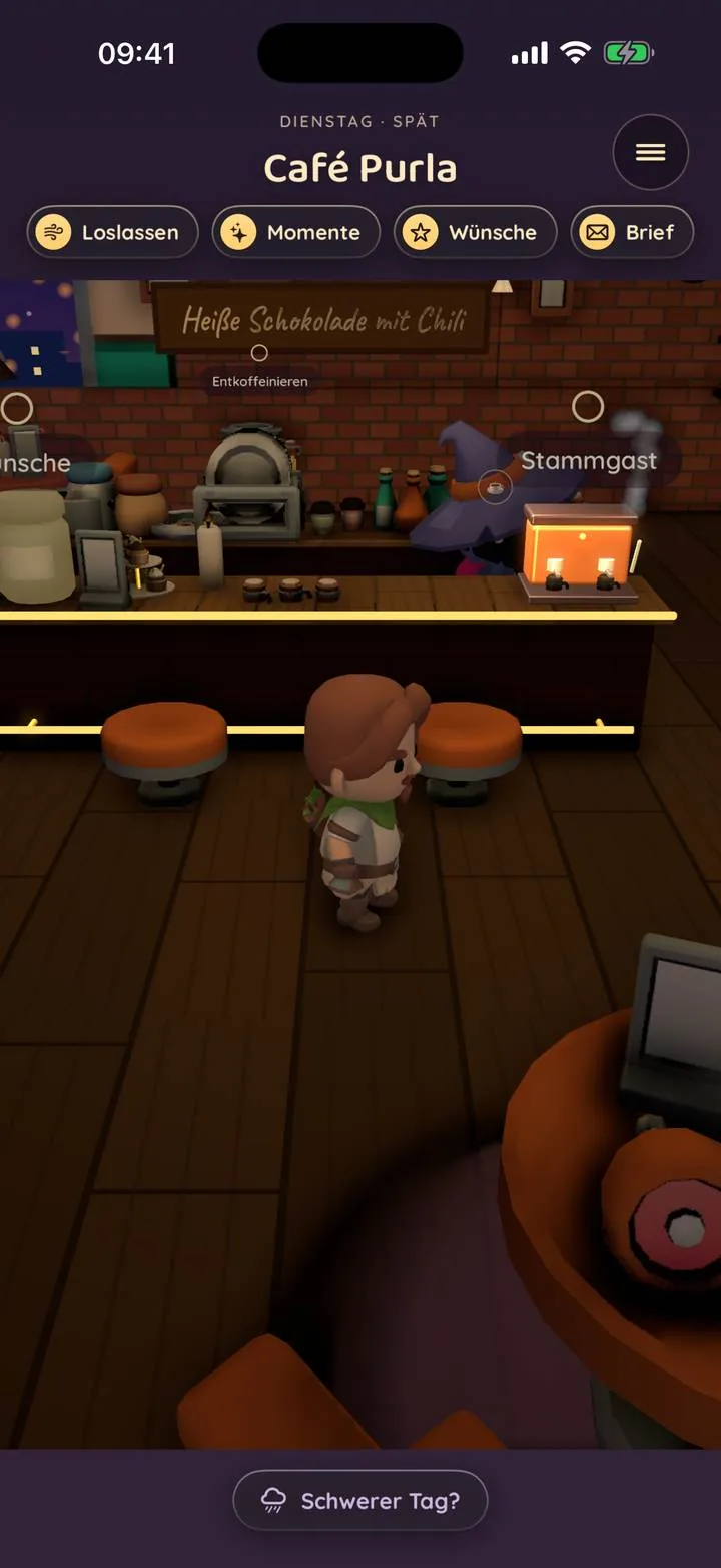 Café Purla auf dem iPhone: die Spielfigur steht vor Milos Theke.