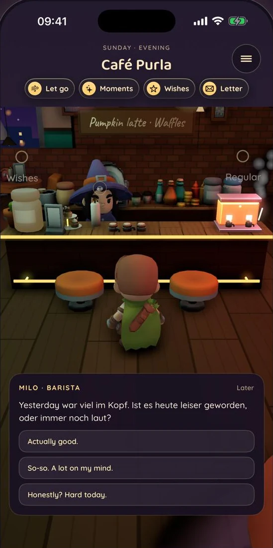 Café Purla on iPhone: Milo the barista asks how you are, with three answers to choose from.