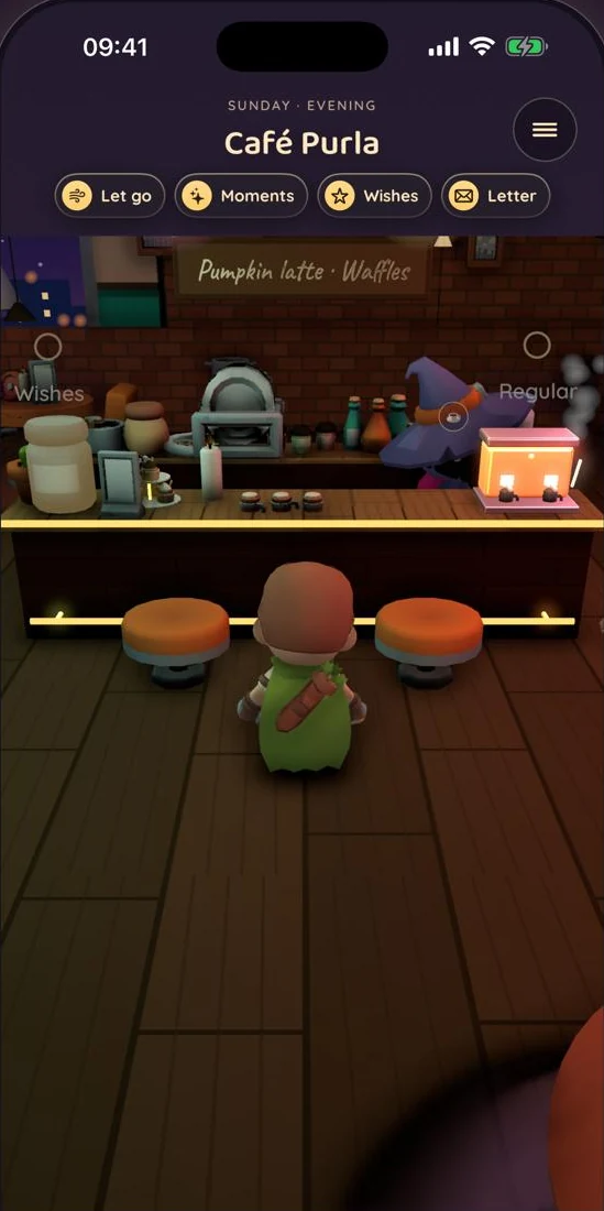 Café Purla on iPhone: your character stands at the counter in the café.